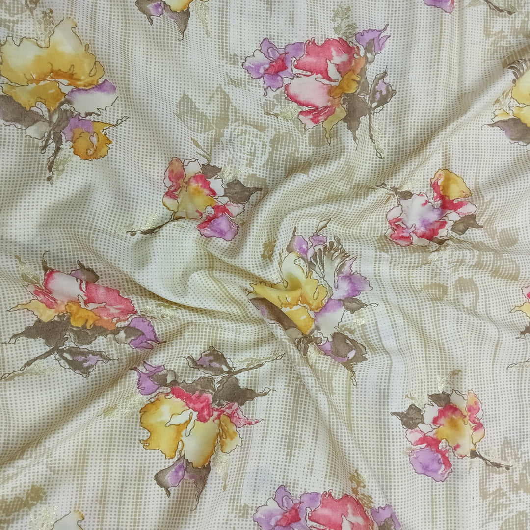 Cream Shade Floral Printed Muslin Print Fabric