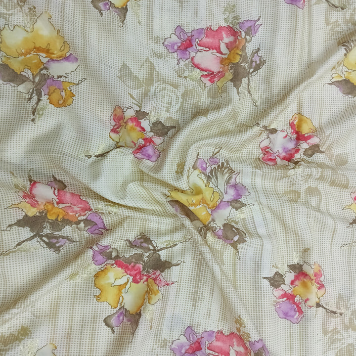 Cream Shade Floral Printed Muslin Print Fabric