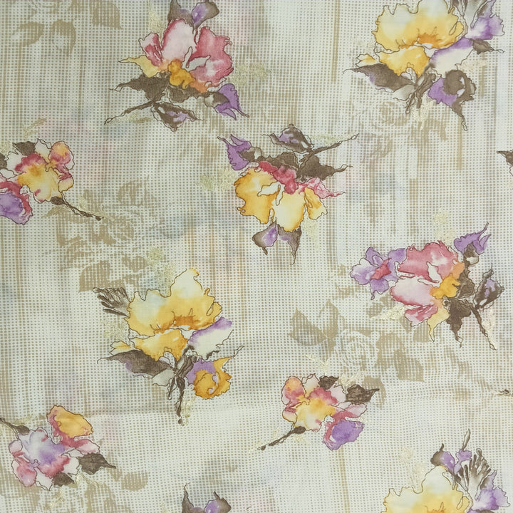 Cream Shade Floral Printed Muslin Print Fabric