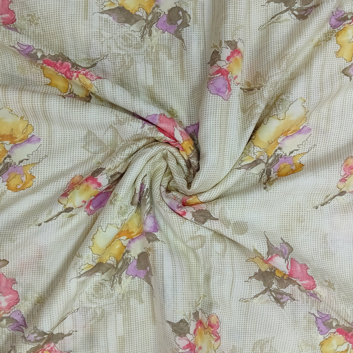Delicate watercolor floral blooms on a cream shade muslin fabric