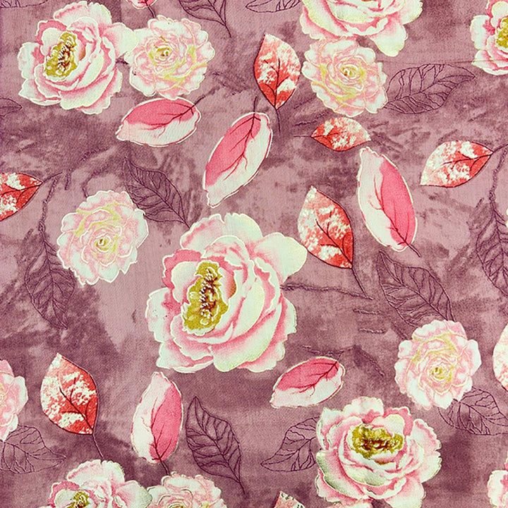 Pink With Multi Shades Florals Printed Chanderi Foil Print Fabric