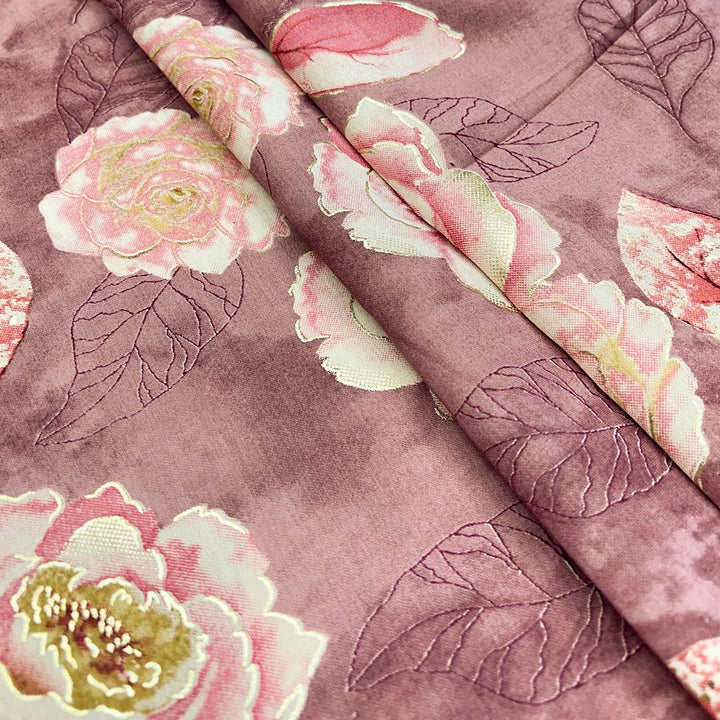 Pink With Multi Shades Florals Printed Chanderi Foil Print Fabric