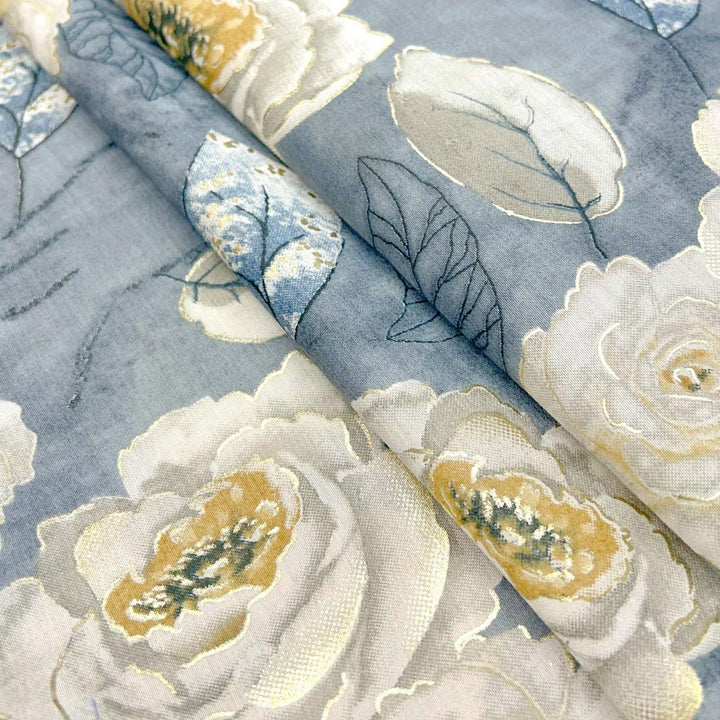 Grey With Multi Shades Florals Printed Chanderi Foil Print Fabric