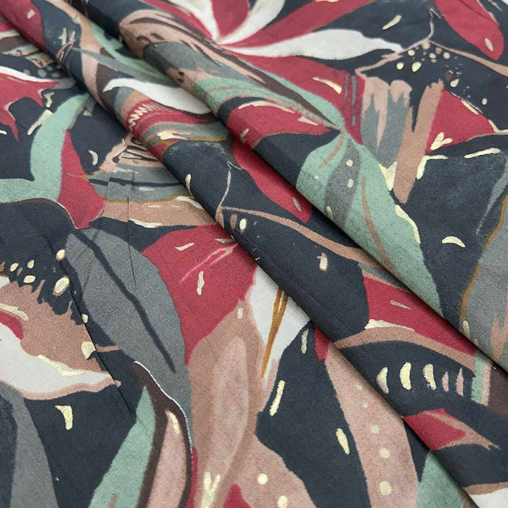 Red With Multi Shades Florals Printed Chanderi Foil Print Fabric