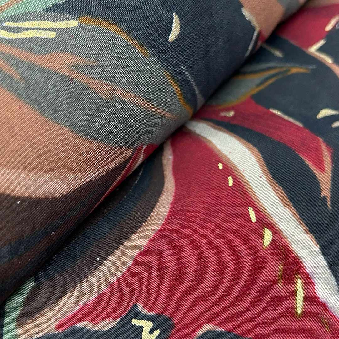 Red With Multi Shades Florals Printed Chanderi Foil Print Fabric
