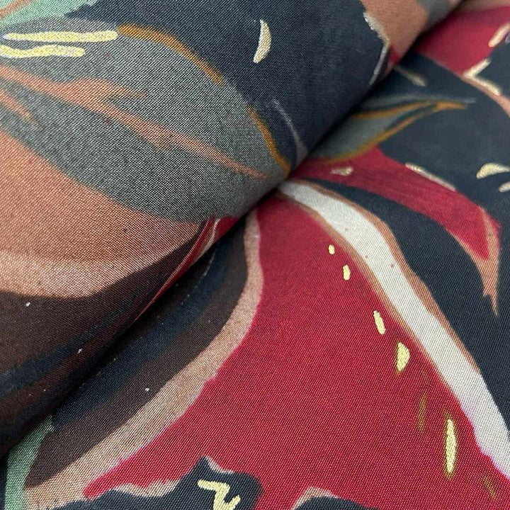 Red With Multi Shades Florals Printed Chanderi Foil Print Fabric