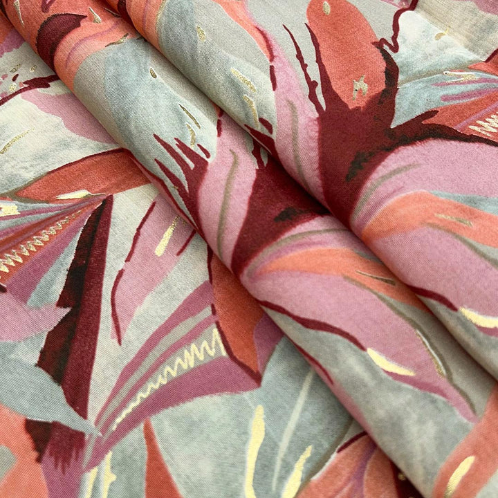 Dusty Pink With Multi Shades Florals Printed Chanderi Foil Print Fabric