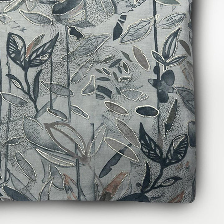 Bluish Grey Shade Leaf Printed Chanderi Foil Print Fabric