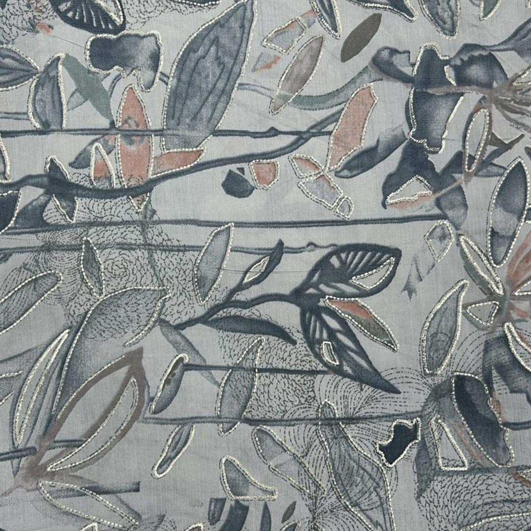 Bluish Grey Shade Leaf Printed Chanderi Foil Print Fabric