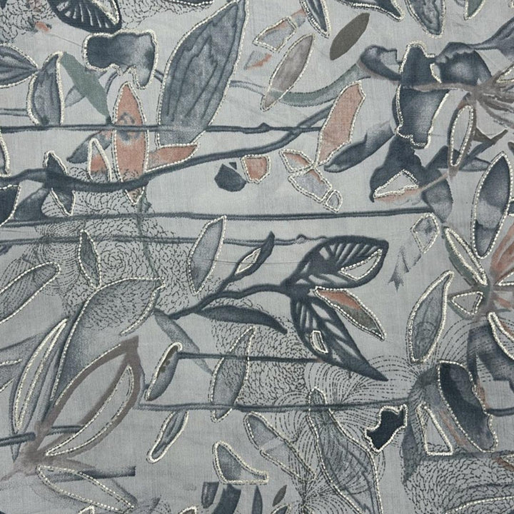 Bluish Grey Shade Leaf Printed Chanderi Foil Print Fabric