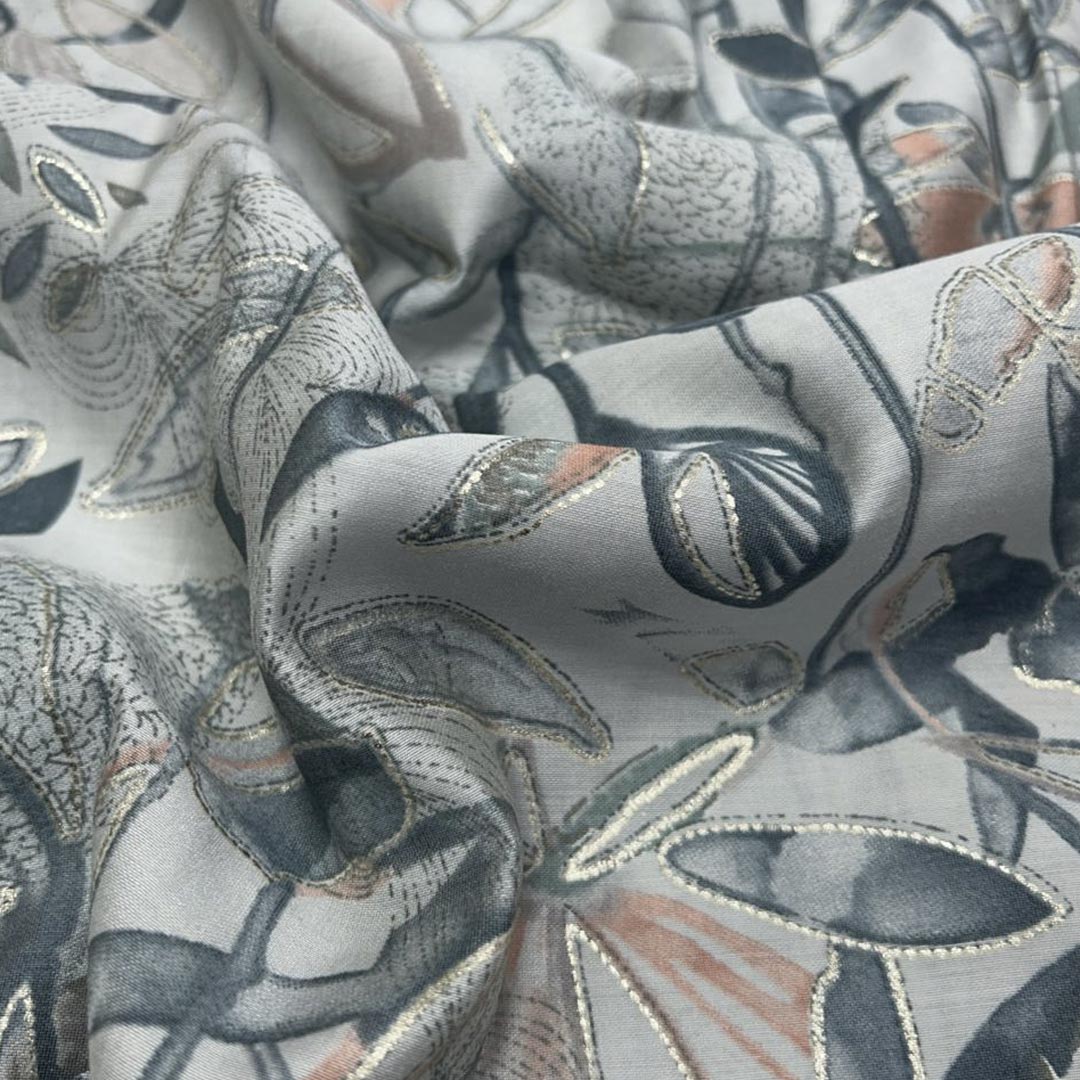 Bluish Grey Shade Leaf Printed Chanderi Foil Print Fabric