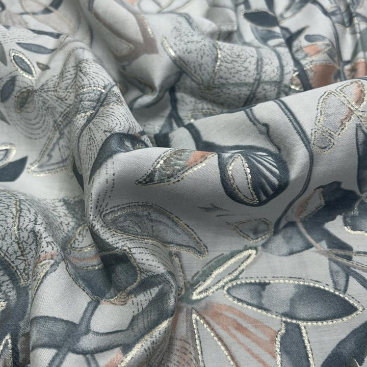 Bluish Grey Shade Leaf Printed Chanderi Foil Print Fabric