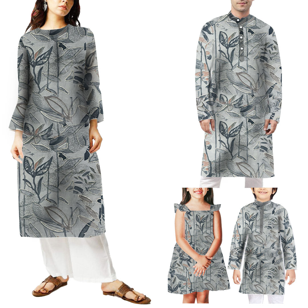 Bluish Grey Shade Leaf Printed Chanderi Foil Print Fabric