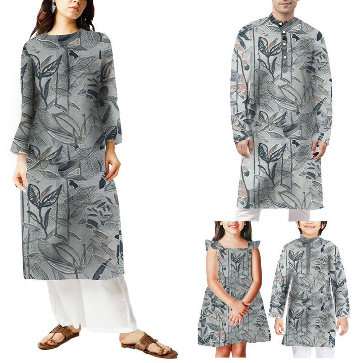 Bluish Grey Shade Leaf Printed Chanderi Foil Print Fabric