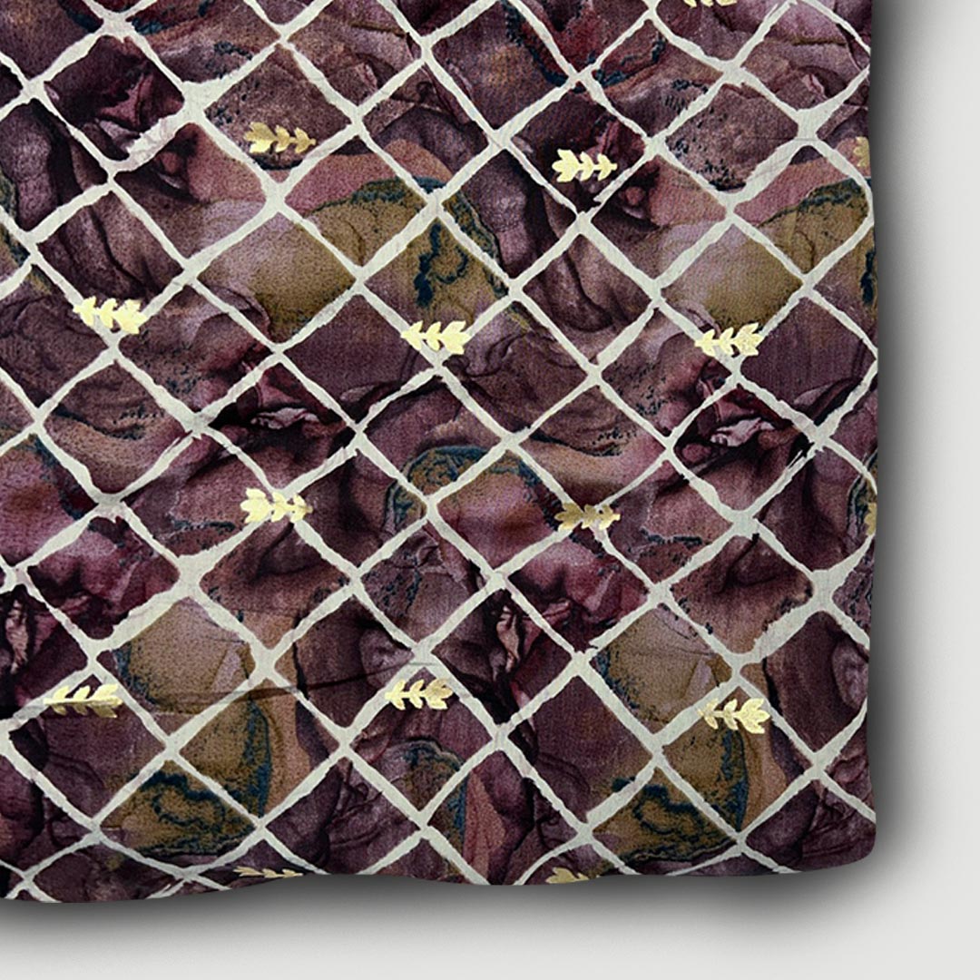 Brown With Golden Geometric Printed Modal Chanderi Foil Print Fabric