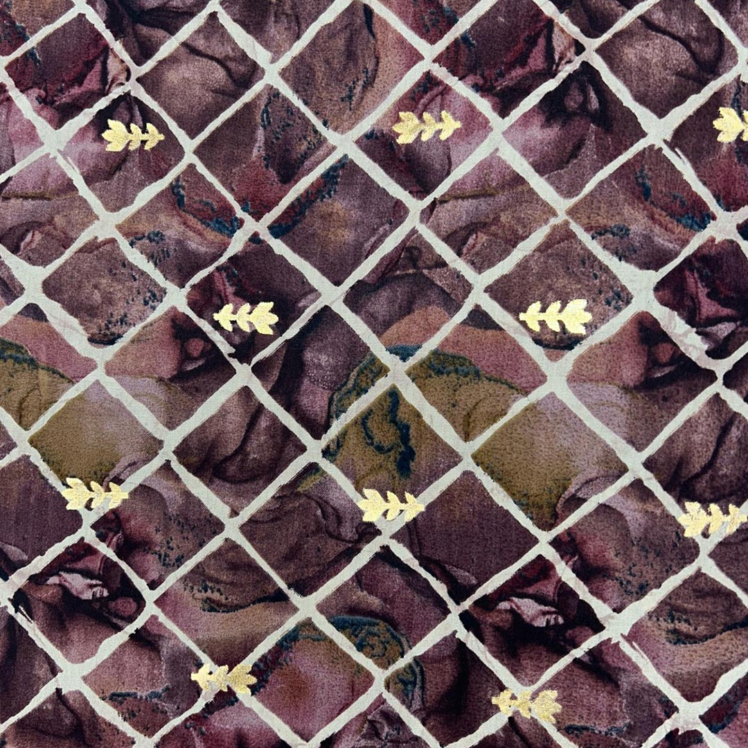 Brown With Golden Geometric Printed Modal Chanderi Foil Print Fabric