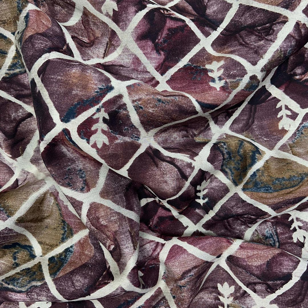 Brown With Golden Geometric Printed Modal Chanderi Foil Print Fabric