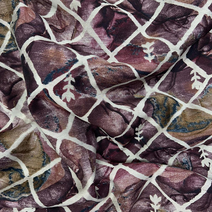 Brown With Golden Geometric Printed Modal Chanderi Foil Print Fabric