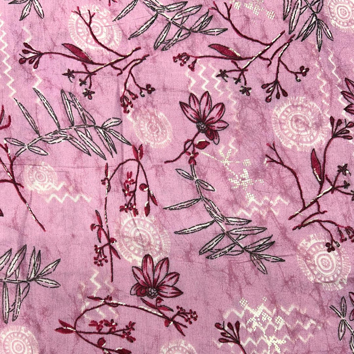 Light Baby Pink Florals Printed Modal Chanderi Foil Print Fabric