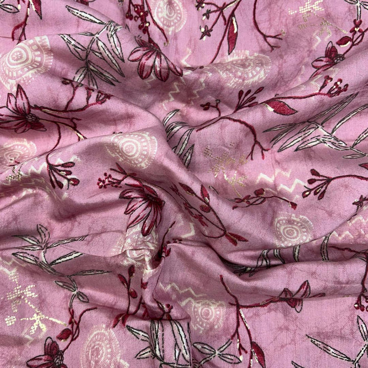 Light Baby Pink Florals Printed Modal Chanderi Foil Print Fabric