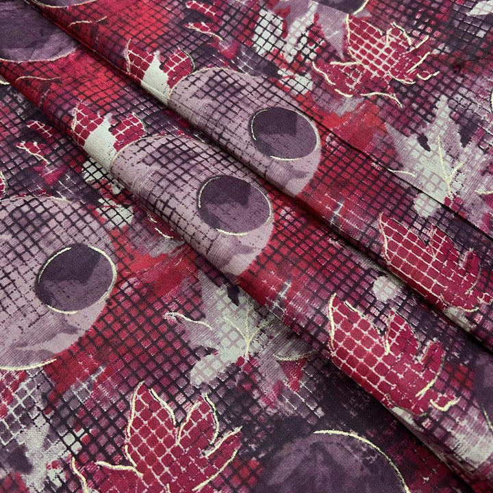 Red With Multi Shades Floral Printed Chanderi Foil Print Fabric