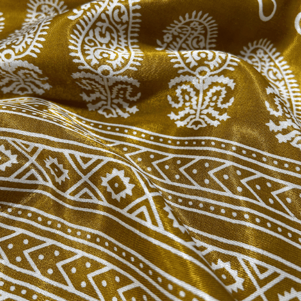 Traditional Mustard Yellow Mashru silk fabric with Patola print and ornate borders