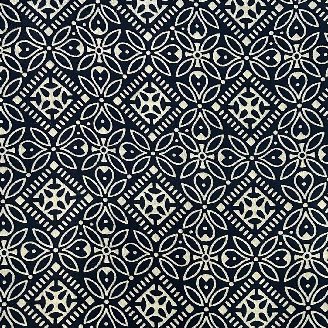 Sophisticated navy blue Mashru silk fabric with intricate floral prints for premium fashion crafting at Fabrics @StudioLCX.