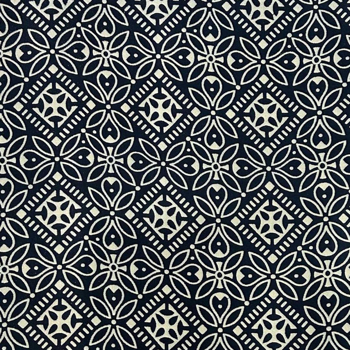 Sophisticated navy blue Mashru silk fabric with intricate floral prints for premium fashion crafting at Fabrics @StudioLCX.