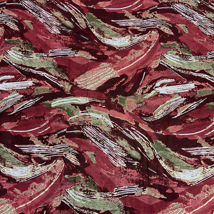Maroon With Golden Abstract Rayon Foil Print Fabric