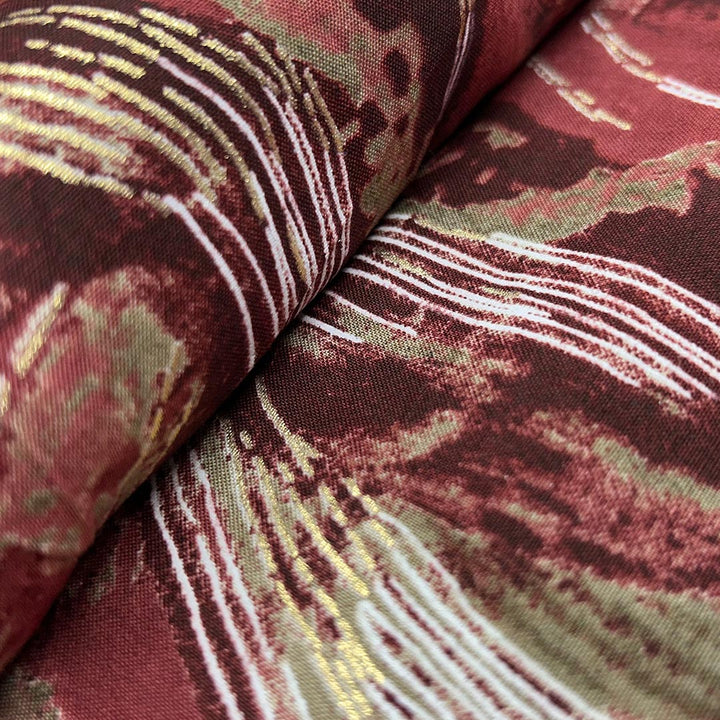 Maroon With Golden Abstract Rayon Foil Print Fabric