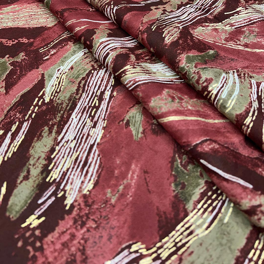 Maroon With Golden Abstract Rayon Foil Print Fabric