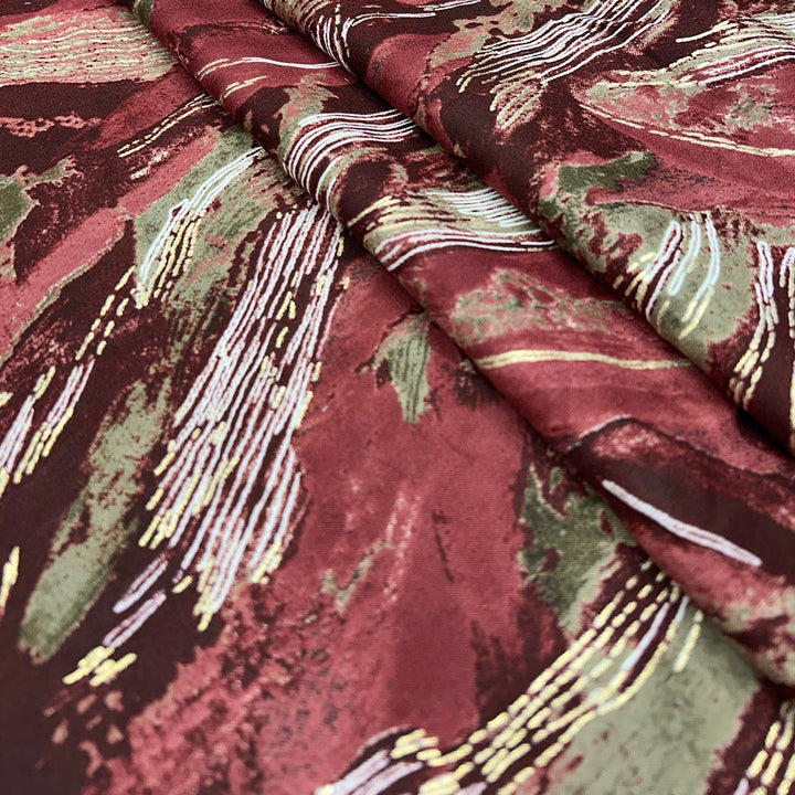 Maroon With Golden Abstract Rayon Foil Print Fabric