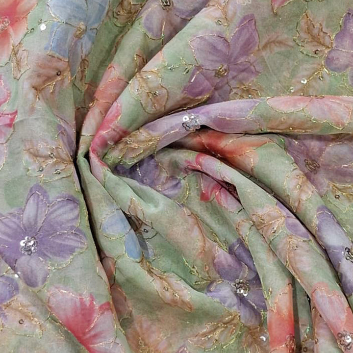 Pista Green Organza Embroidered Fabric