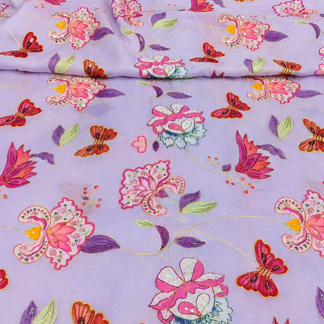 Light Lavender Embroidered Organza Fabric | Premium Sheer Material for Ethnic & Party Wear