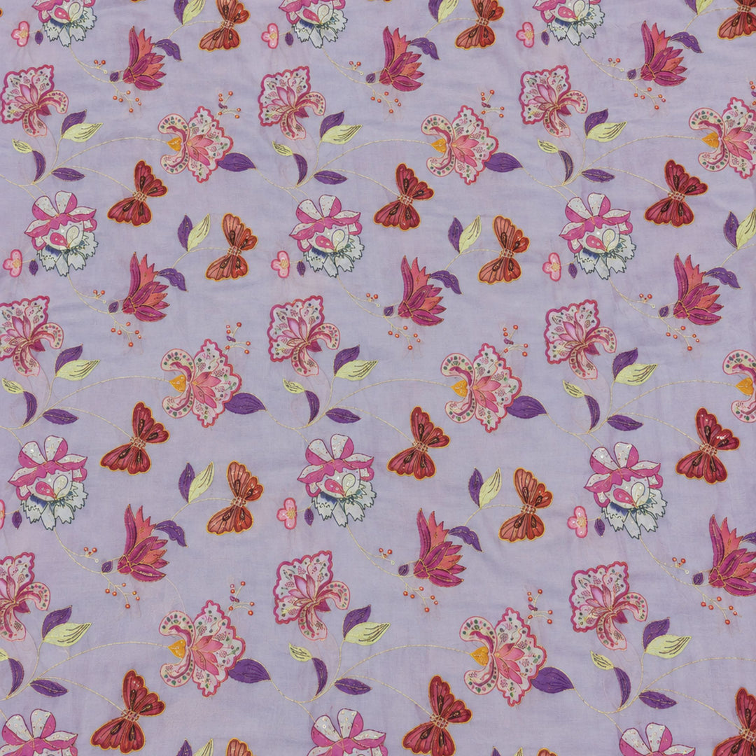 Light Lavender Embroidered Organza Fabric | Premium Sheer Material for Ethnic & Party Wear