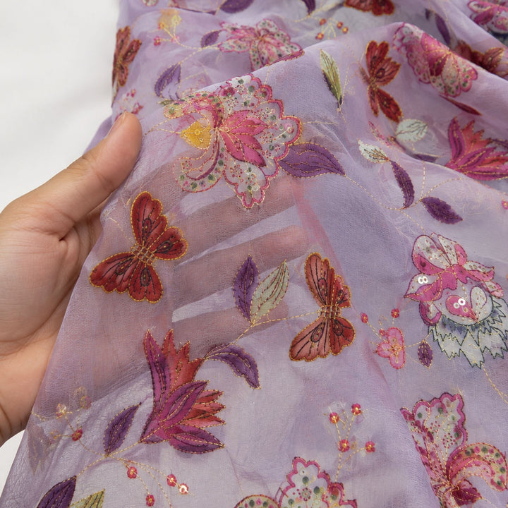 Light Lavender Embroidered Organza Fabric | Premium Sheer Material for Ethnic & Party Wear