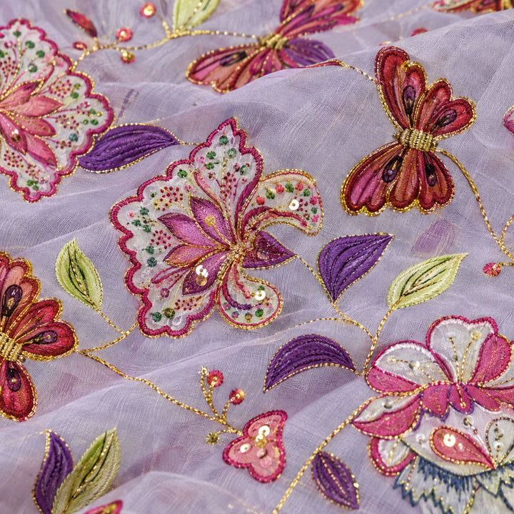 Light Lavender Embroidered Organza Fabric | Premium Sheer Material for Ethnic & Party Wear