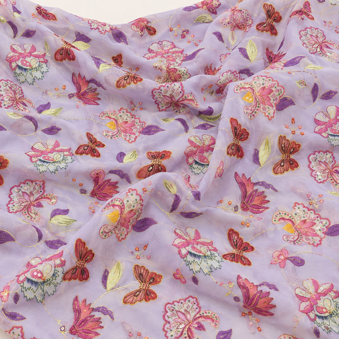Light Lavender Embroidered Organza Fabric | Premium Sheer Material for Ethnic & Party Wear