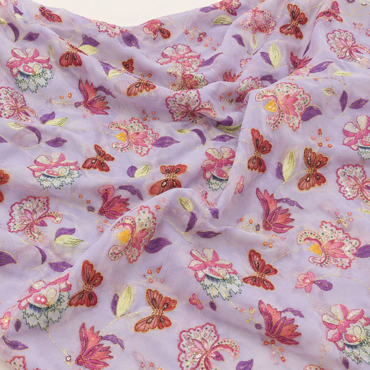 Light Lavender Embroidered Organza Fabric | Premium Sheer Material for Ethnic & Party Wear