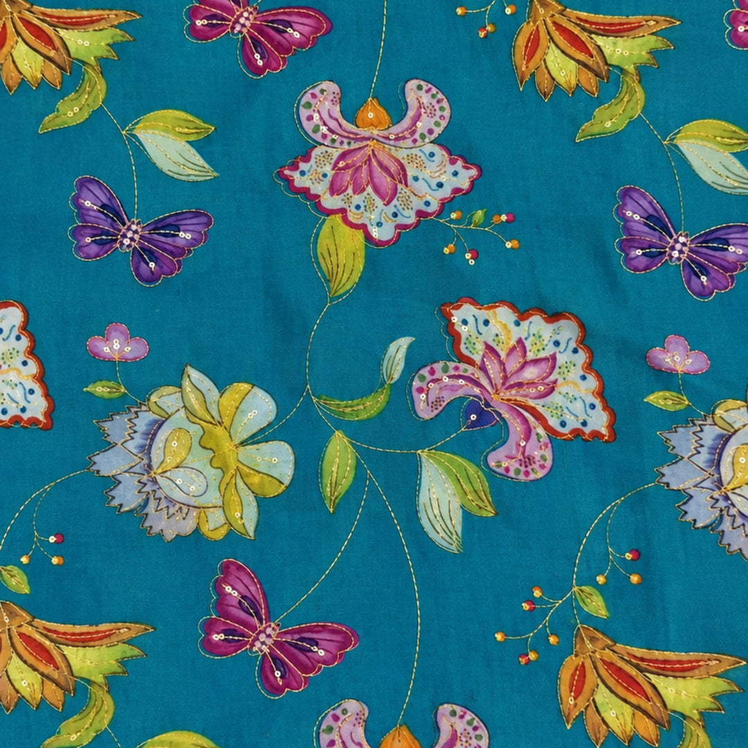 Peacock Blue Embroidered Organza Fabric | Premium Sheer Material for Ethnic & Party Wear