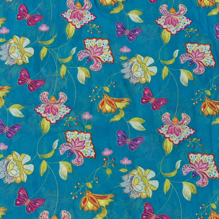Peacock Blue Embroidered Organza Fabric | Premium Sheer Material for Ethnic & Party Wear