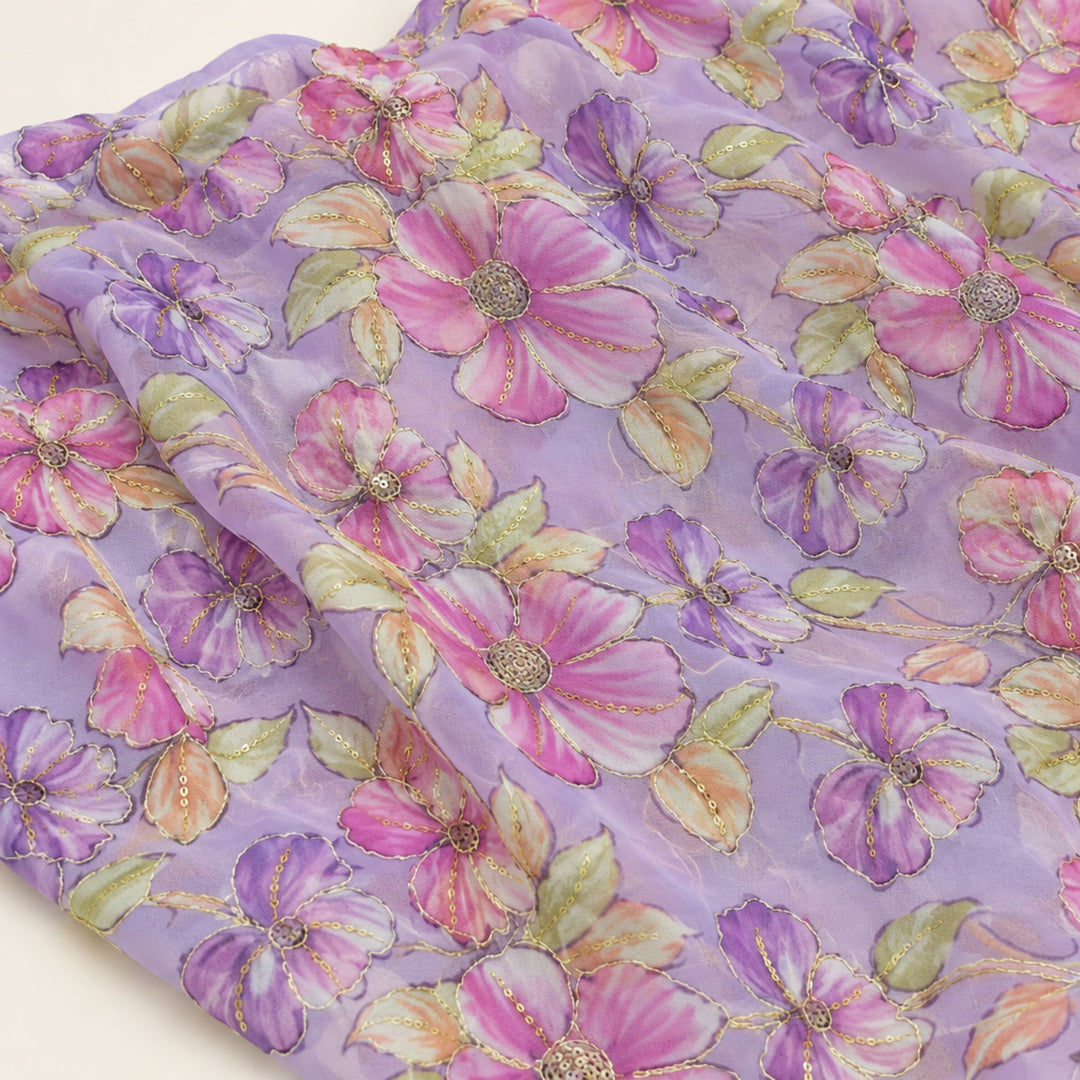 Light Lavender Embroidered Organza Fabric | Premium Sheer Material for Ethnic & Party Wear