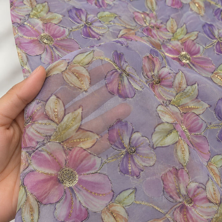 Light Lavender Embroidered Organza Fabric | Premium Sheer Material for Ethnic & Party Wear
