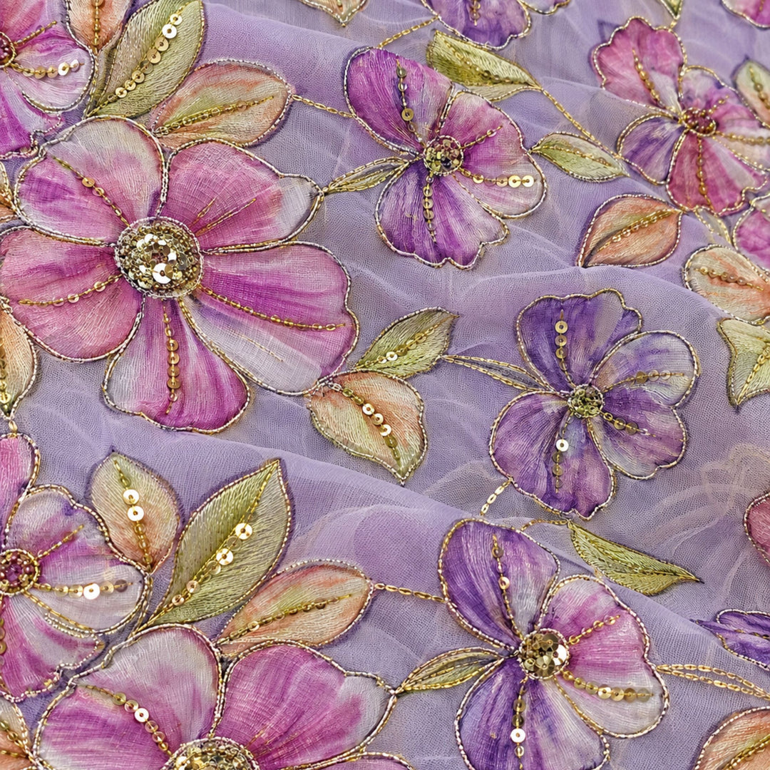 Light Lavender Embroidered Organza Fabric | Premium Sheer Material for Ethnic & Party Wear