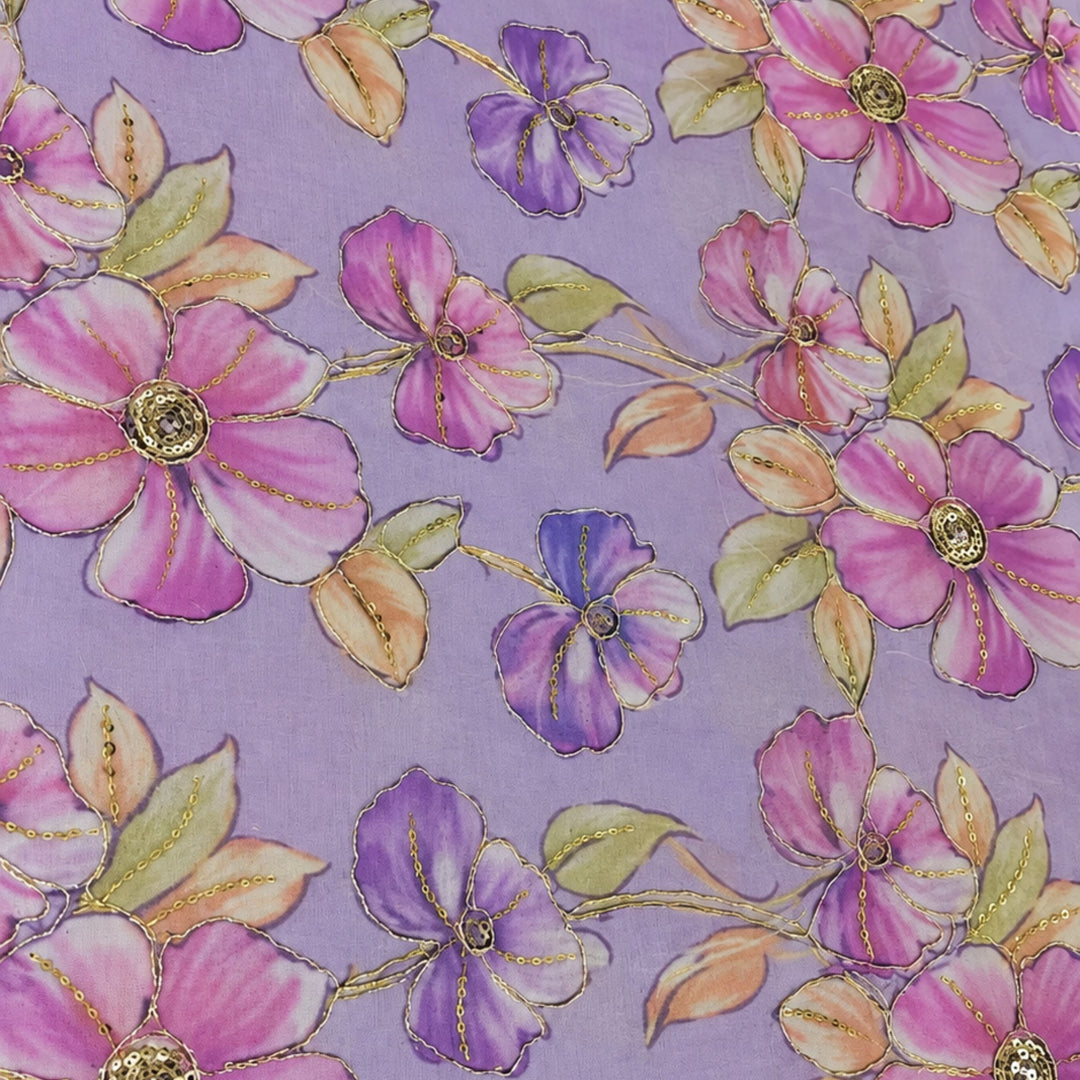Light Lavender Embroidered Organza Fabric | Premium Sheer Material for Ethnic & Party Wear