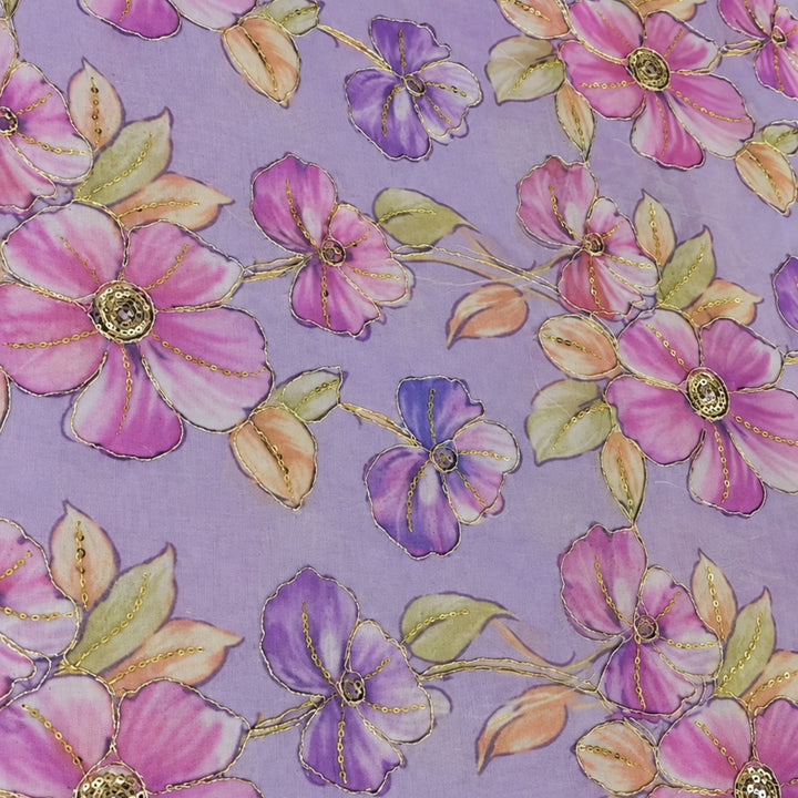 Light Lavender Embroidered Organza Fabric | Premium Sheer Material for Ethnic & Party Wear