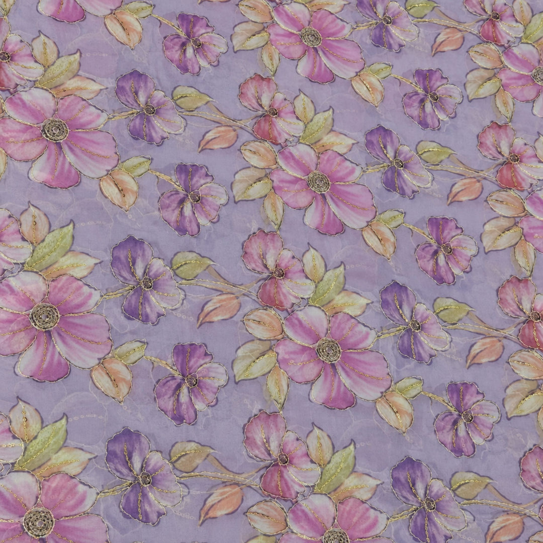 Light Lavender Embroidered Organza Fabric | Premium Sheer Material for Ethnic & Party Wear
