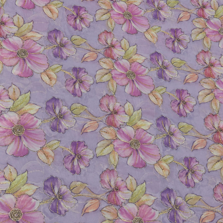 Light Lavender Embroidered Organza Fabric | Premium Sheer Material for Ethnic & Party Wear