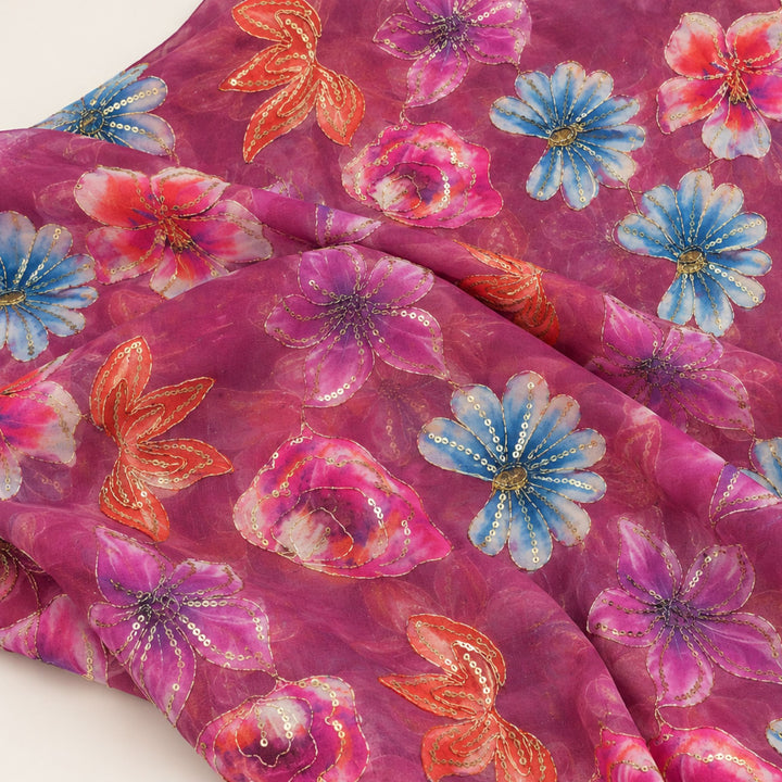 Magenta Embroidered Organza Fabric | Premium Sheer Material for Ethnic & Party Wear