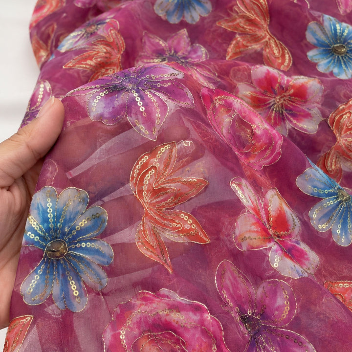 Magenta Embroidered Organza Fabric | Premium Sheer Material for Ethnic & Party Wear